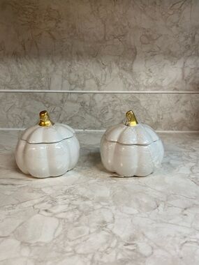 White Ceramic Pumpkin Trinket Jars with Gold Stems - Set of 2
